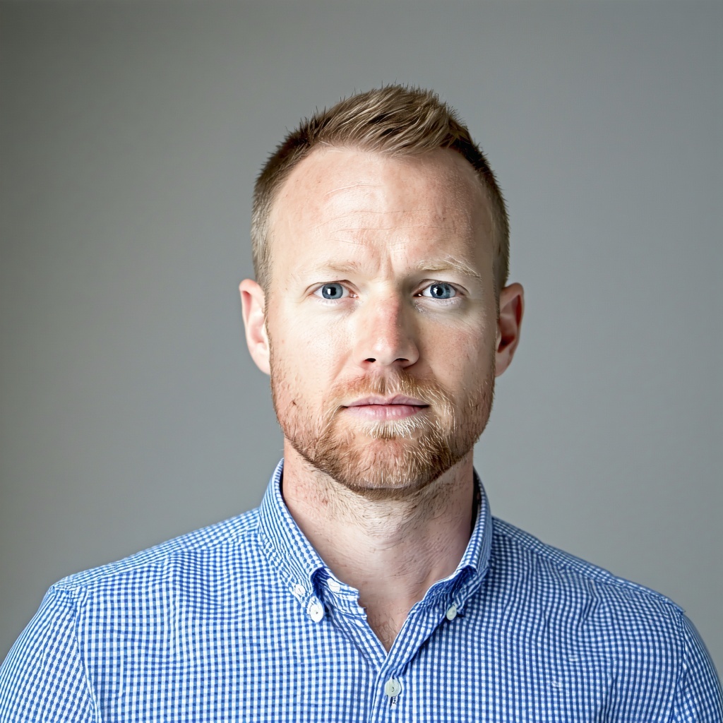 white 34 year old male with short fair head hair and short fair facial hair wearing an open collar blue and white checked shirt-1